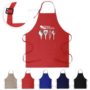 This full length bib apron features two front pockets and an adjustable neck slider to get the perfect fit. Made of strong, machine-washable 7 oz. blend of (65/35) Polyester and Cotton, this apron is great for kitchens, art schools & more. It measures 31" x 26" and comes in a variety of colors with more options available if needed for orders over 500. 24 Hour rush is available for 200 or fewer pieces.