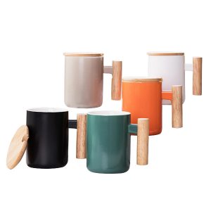 Handle Mug 12 oz Ceramic Mug With Wooden Handle And Bamboo Lid