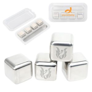 Stainless Steel Ice Cube Whiskey Set (4 Pcs w/ Clip)